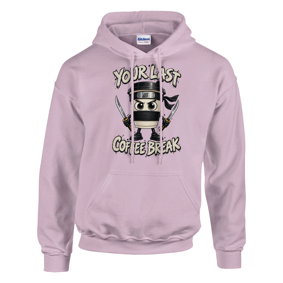 Cappuccino Assassino print on a light pink pullover hoodie, front view