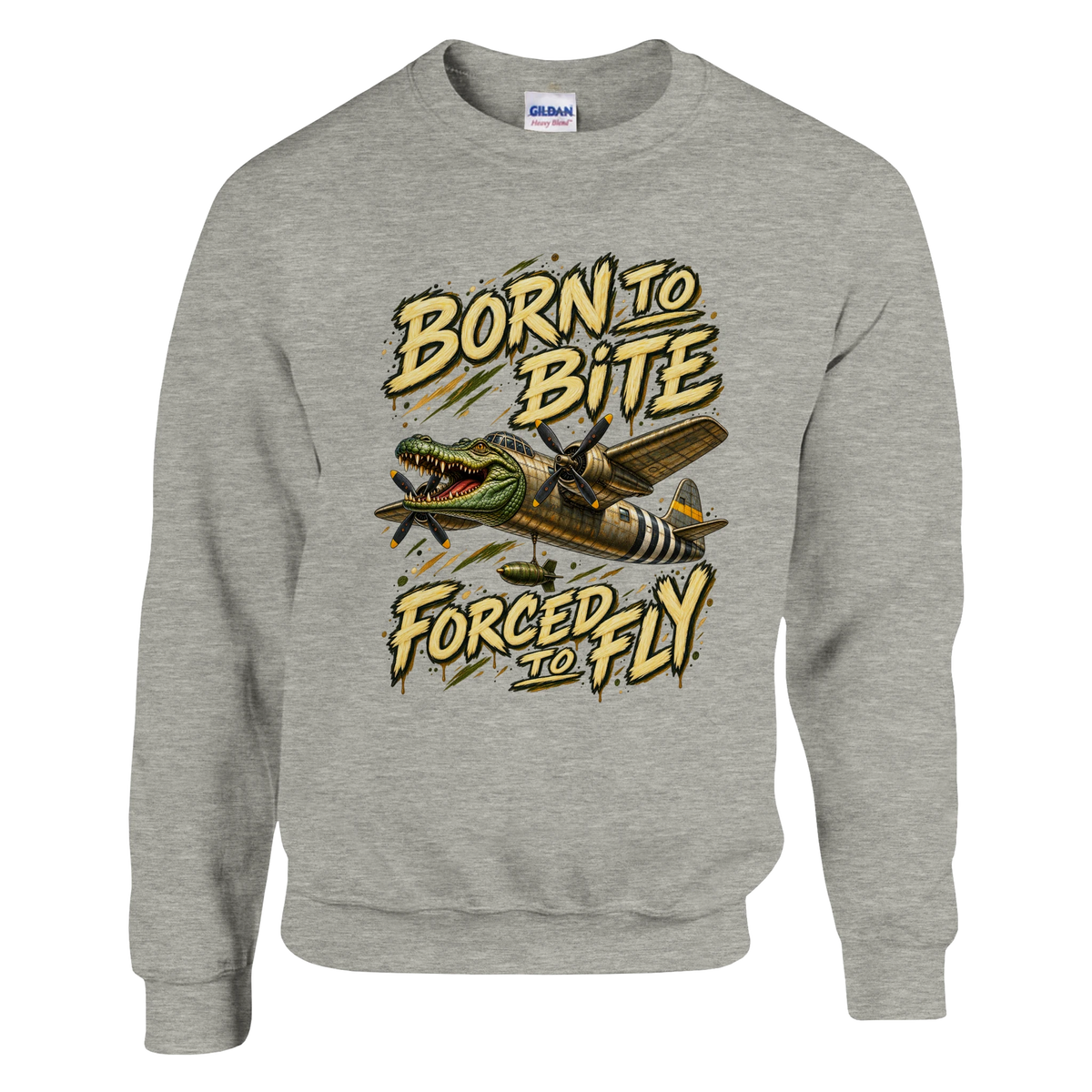 Bombardino Crocodilo print on an ash grey crewneck sweatshirt, front view