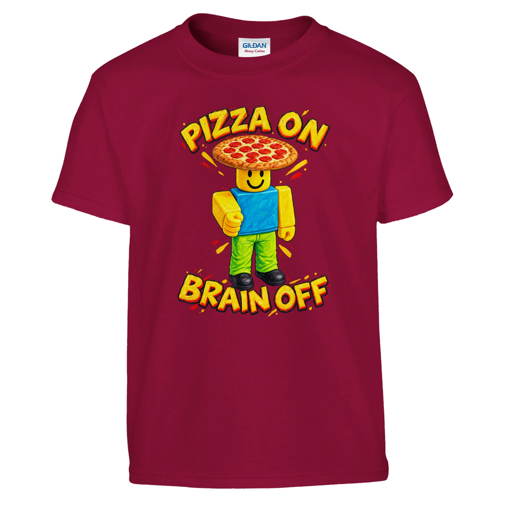 Noobini Pizzanini print on a cardinal red kids t-shirt, front view