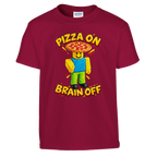 Noobini Pizzanini print on a cardinal red kids t-shirt, front view