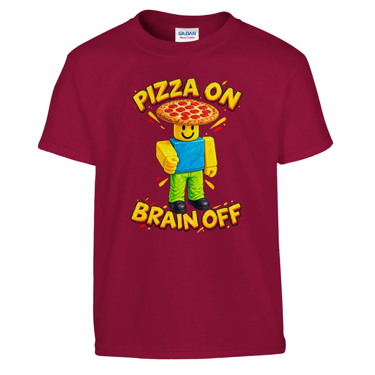 Noobini Pizzanini print on a cardinal red kids t-shirt, front view