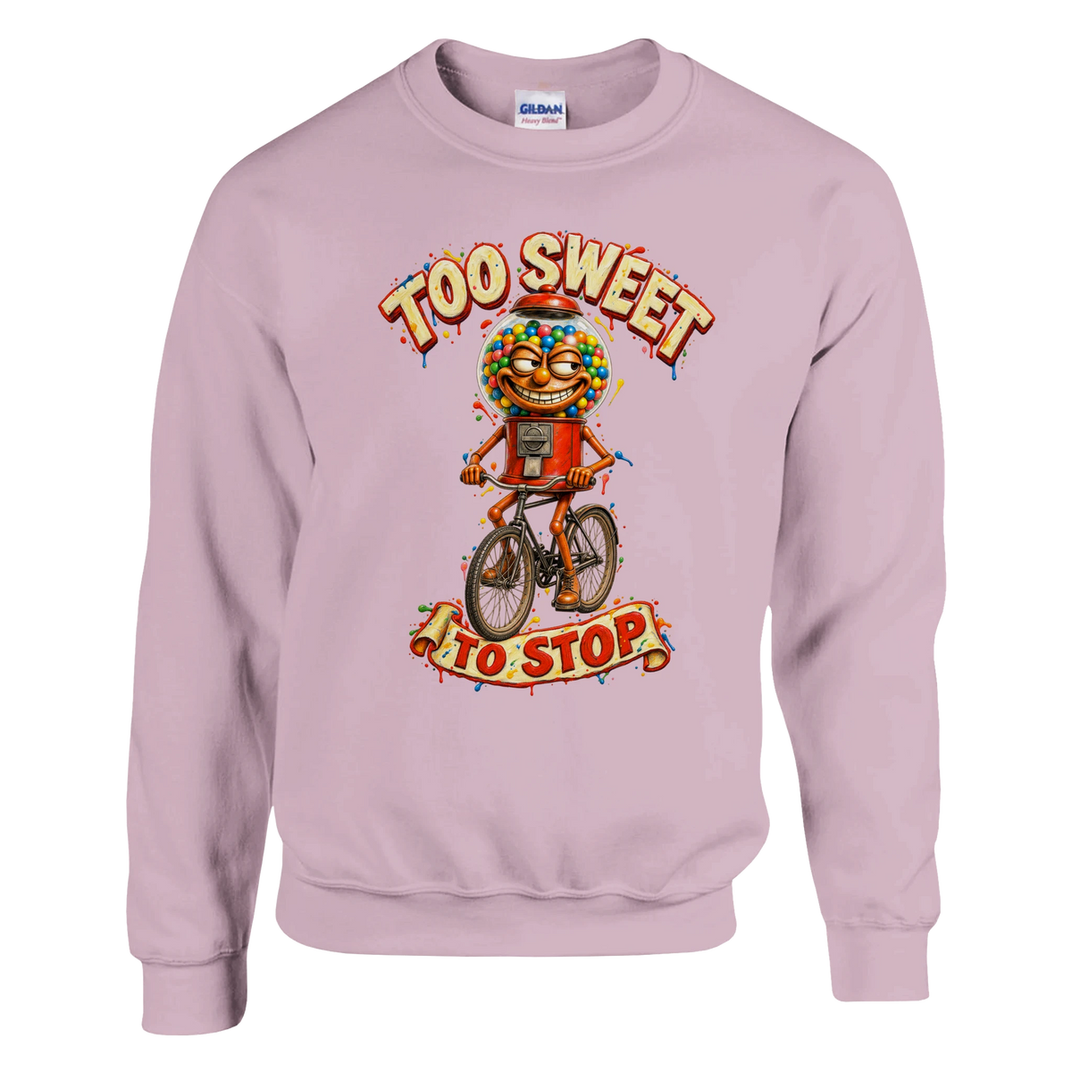 Chicleteira Bicicleteira print on a light pink crewneck sweatshirt, front view