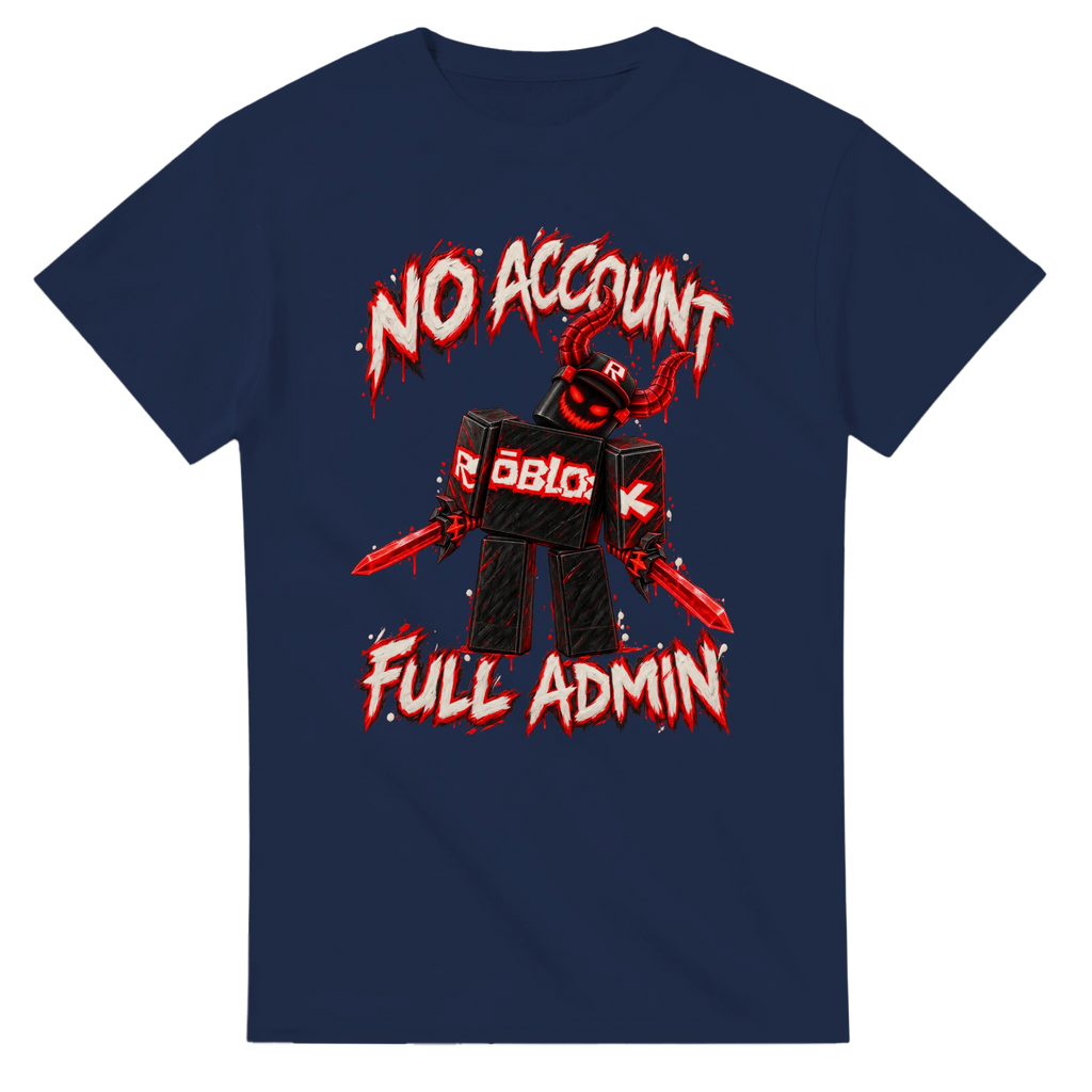 Navy t-shirt printed with Guest 666 and the words No account, full admin, front view