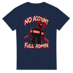 Navy t-shirt printed with Guest 666 and the words No account, full admin, front view