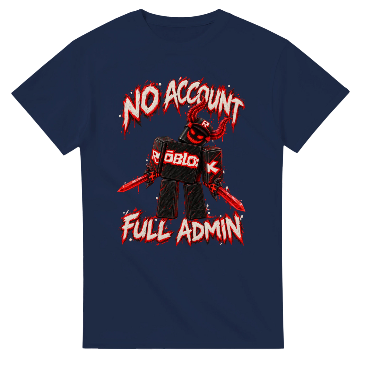 Navy t-shirt printed with Guest 666 and the words No account, full admin, front view