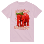 Light Pink t-shirt printed with Strawberry Elephant and the words Please wash before eating, front view