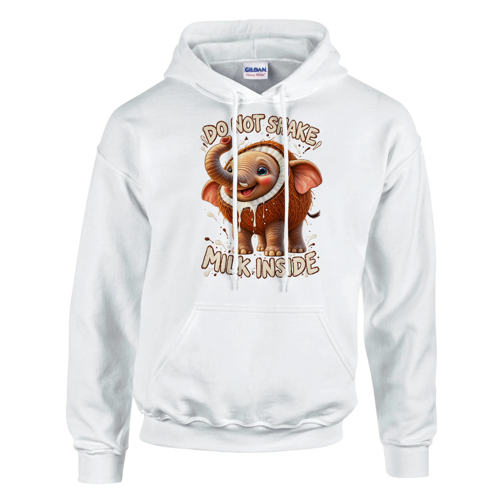 Cocofanto Elefanto print on a white pullover hoodie, front view