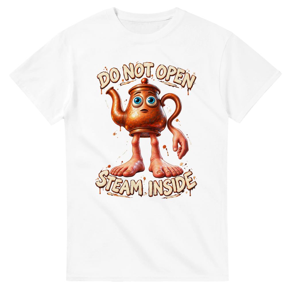 White t-shirt printed with Ta Ta Ta Sahur and the words Do not open, steam inside, front view