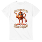 White t-shirt printed with Ta Ta Ta Sahur and the words Do not open, steam inside, front view