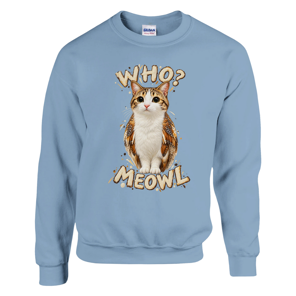 Meowl print on a light blue crewneck sweatshirt, front view