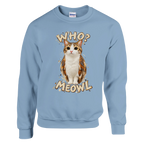 Meowl print on a light blue crewneck sweatshirt, front view