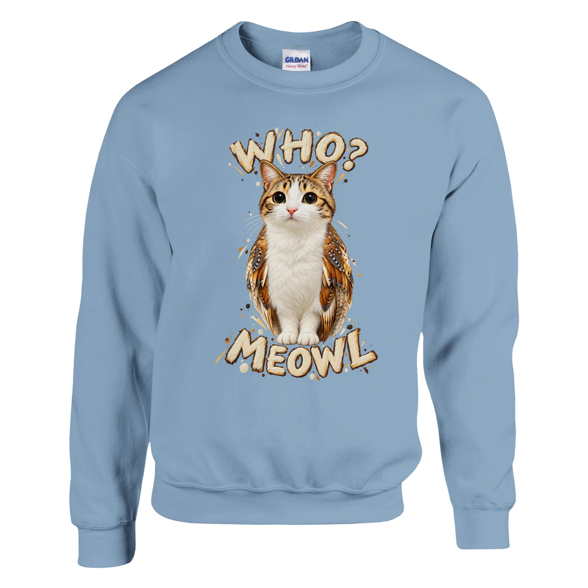 Meowl print on a light blue crewneck sweatshirt, front view