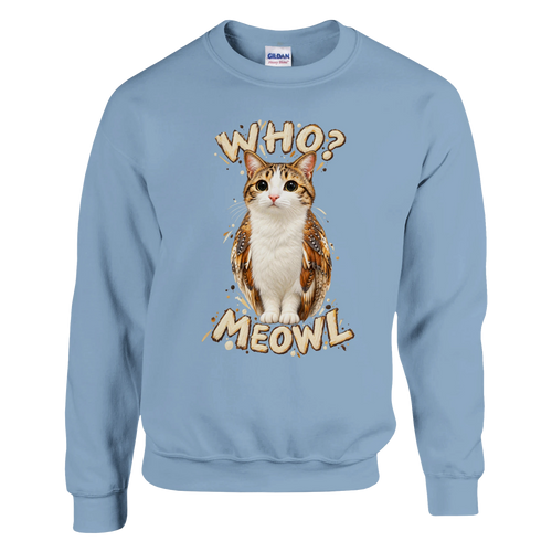 Meowl print on a light blue crewneck sweatshirt, front view