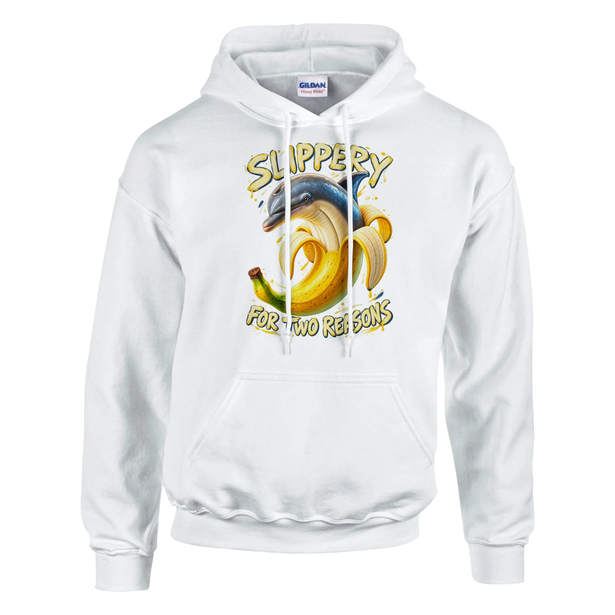 Bananita Dolphinita print on a white pullover hoodie, front view
