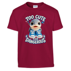 Los Tralaleritos print on a cardinal red kids t-shirt, front view