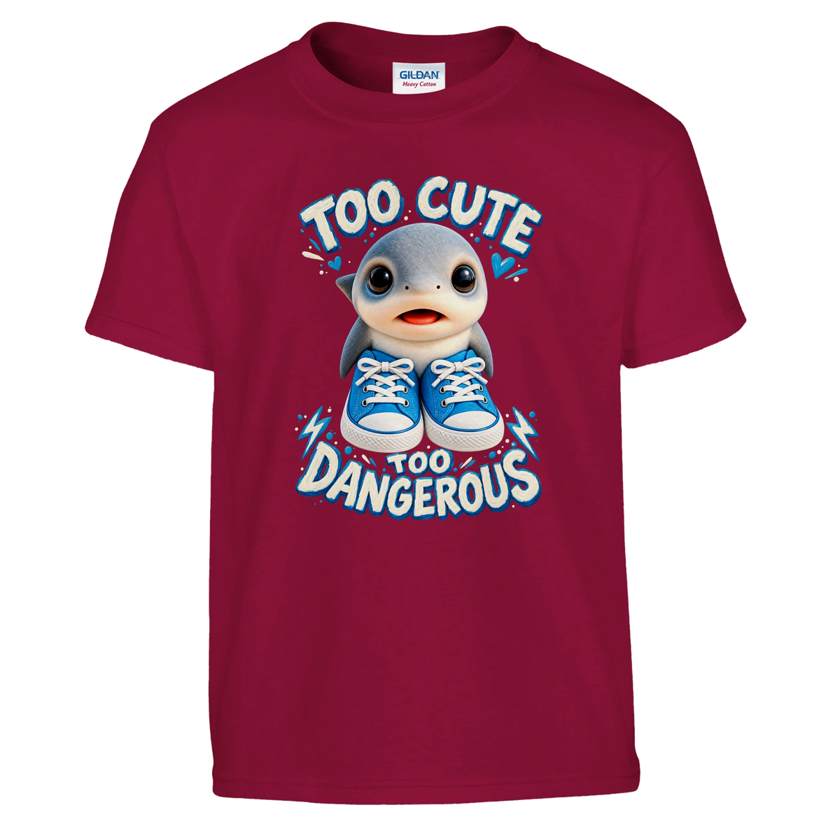 Los Tralaleritos print on a cardinal red kids t-shirt, front view