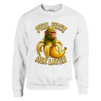 Chimpanzini Bananini print on a white crewneck sweatshirt, front view
