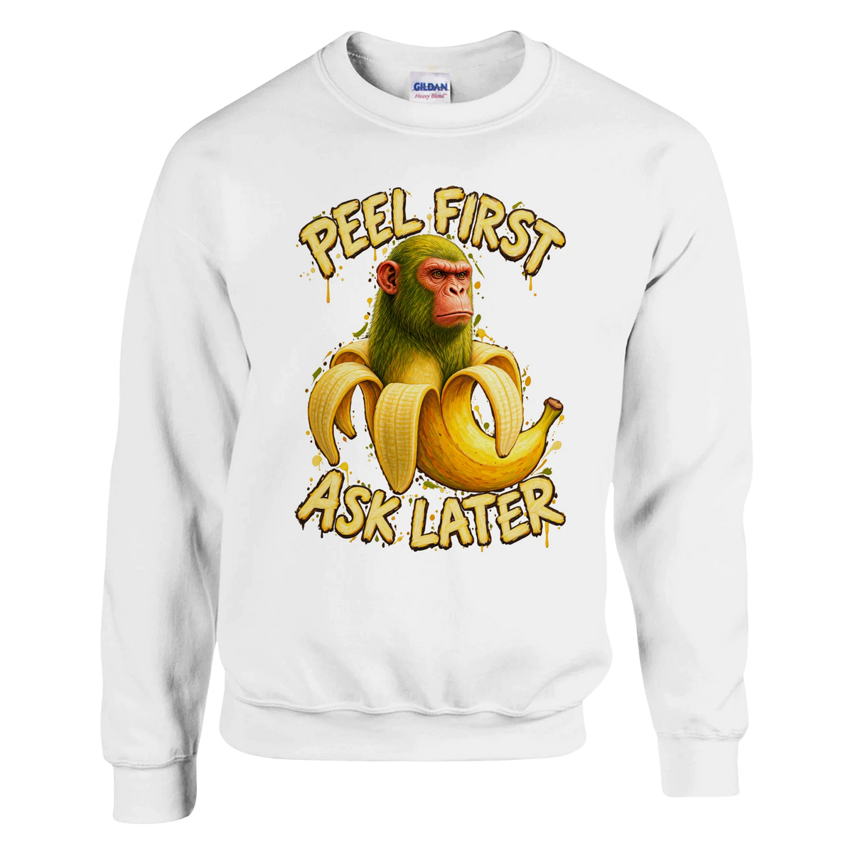 Chimpanzini Bananini print on a white crewneck sweatshirt, front view