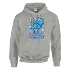 67 print on an ash grey pullover hoodie, front view