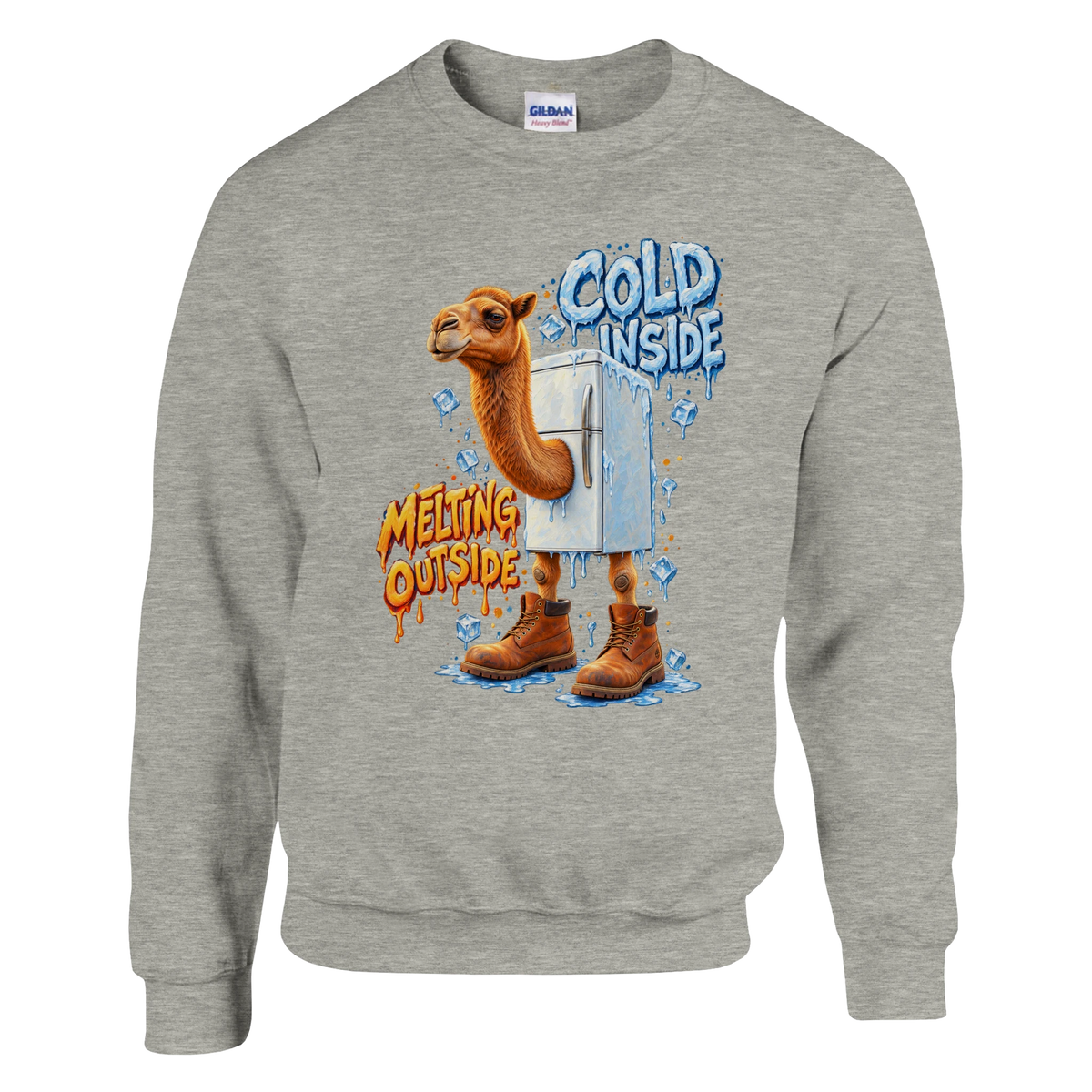 Frigo Camelo print on an ash grey crewneck sweatshirt, front view