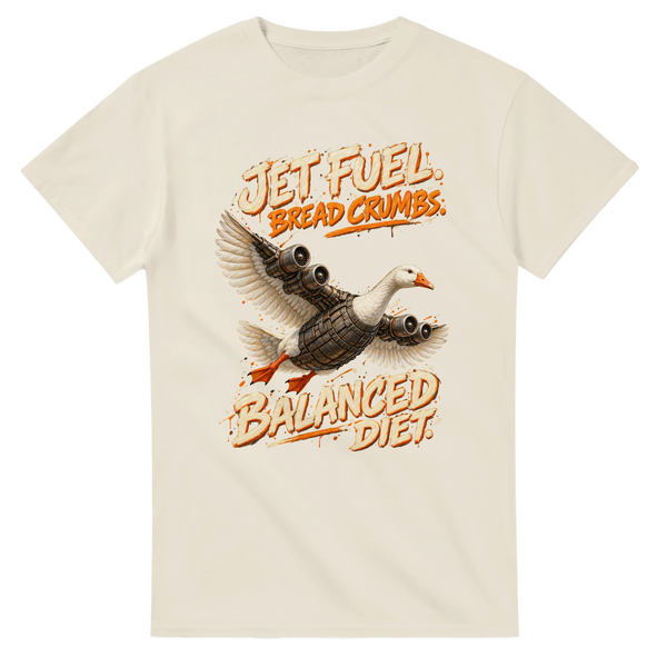 Natural t-shirt printed with Bombombini Gusini and the words Jet fuel, bread crumbs, balanced diet, front view