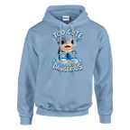 Los Tralaleritos print on a light blue pullover hoodie, front view