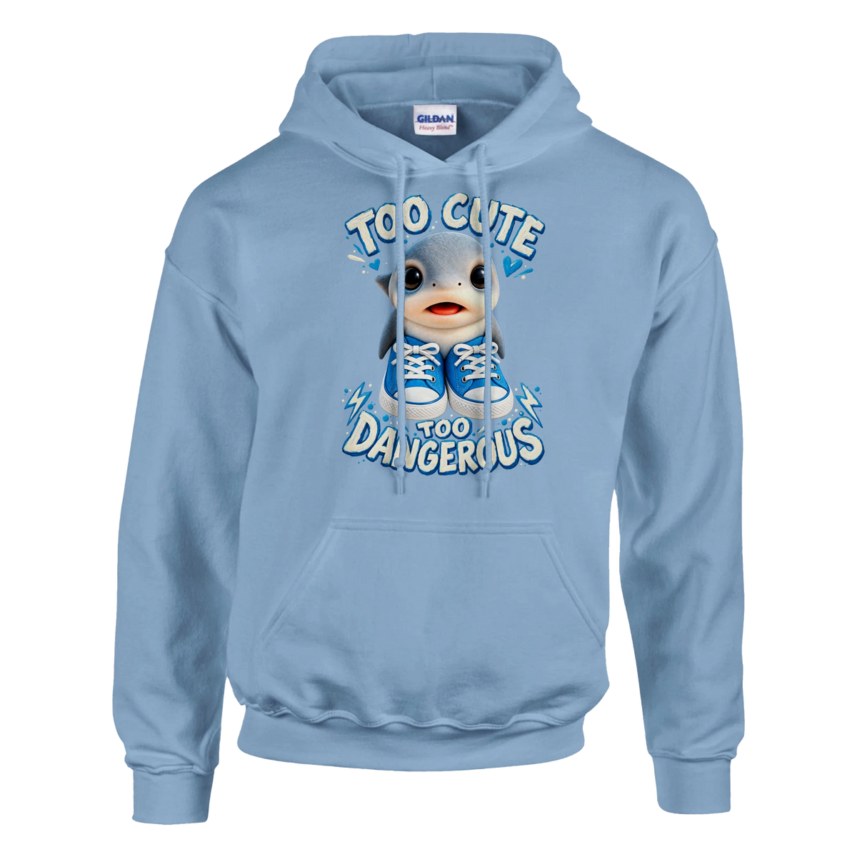 Los Tralaleritos print on a light blue pullover hoodie, front view