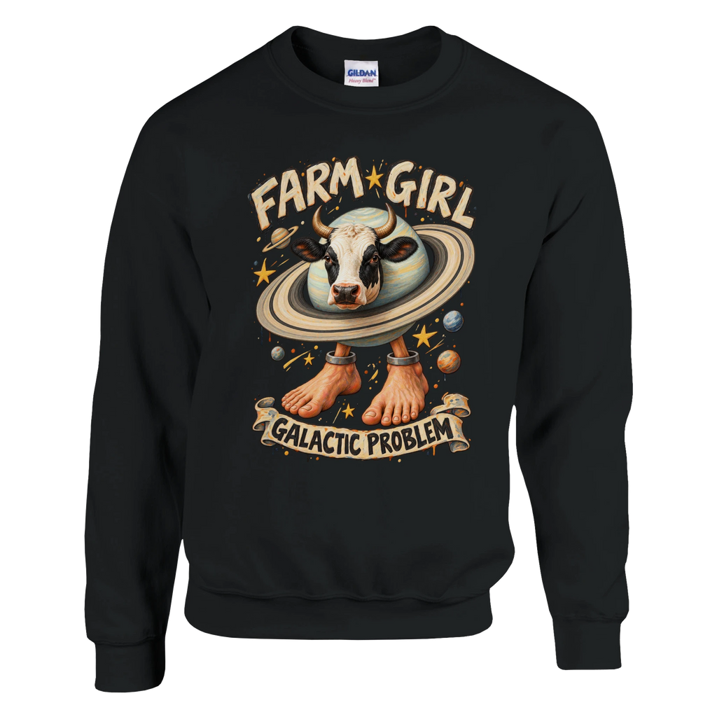 La Vaca Saturno Saturnita print on a black crewneck sweatshirt, front view