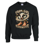 La Vaca Saturno Saturnita print on a black crewneck sweatshirt, front view