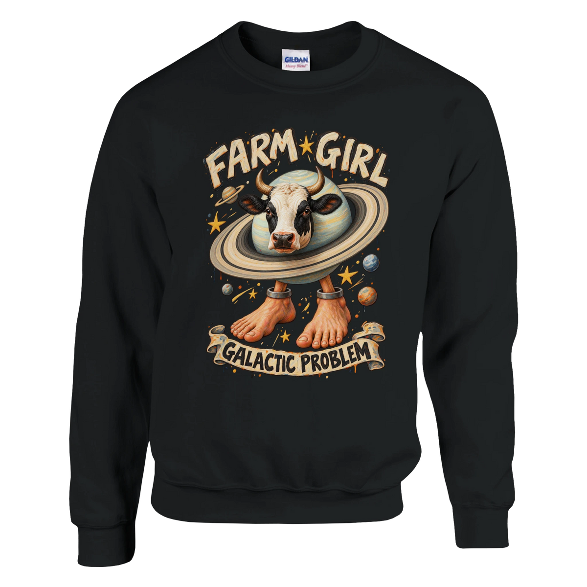 La Vaca Saturno Saturnita print on a black crewneck sweatshirt, front view