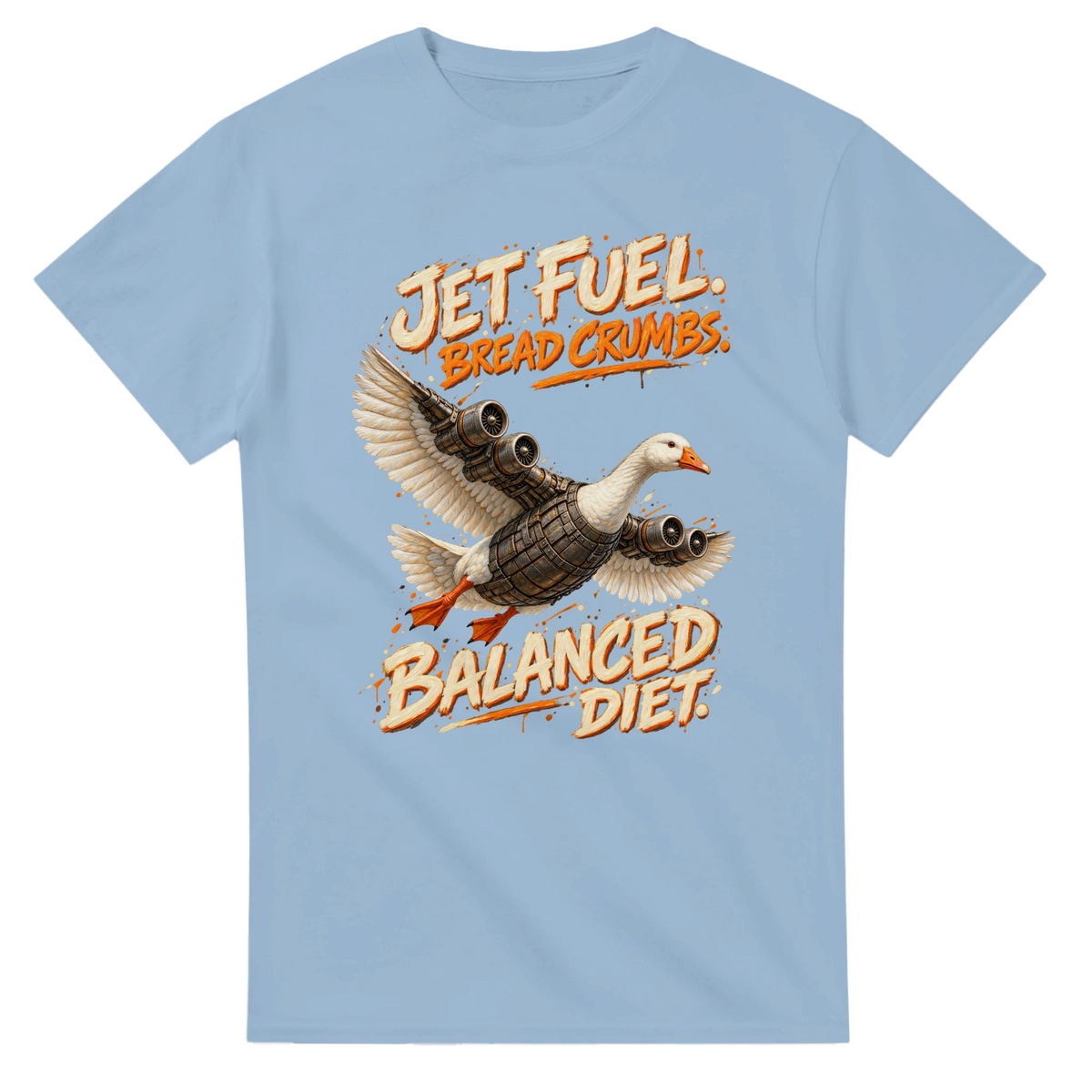Light Blue t-shirt printed with Bombombini Gusini and the words Jet fuel, bread crumbs, balanced diet, front view