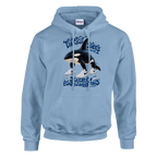 Orcalero Orcala print on a light blue pullover hoodie, front view