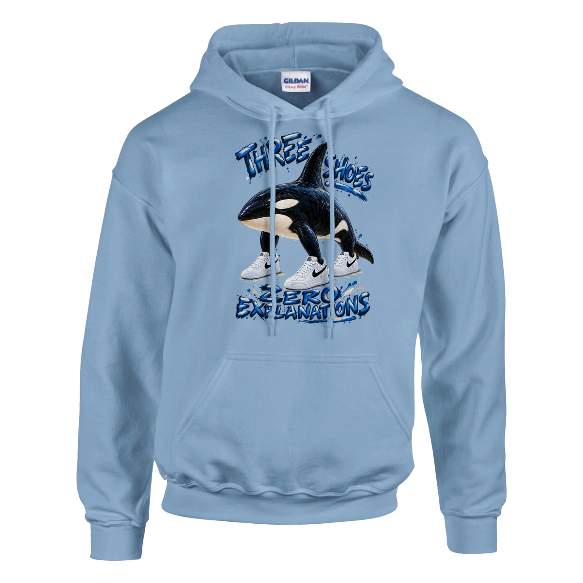 Orcalero Orcala print on a light blue pullover hoodie, front view