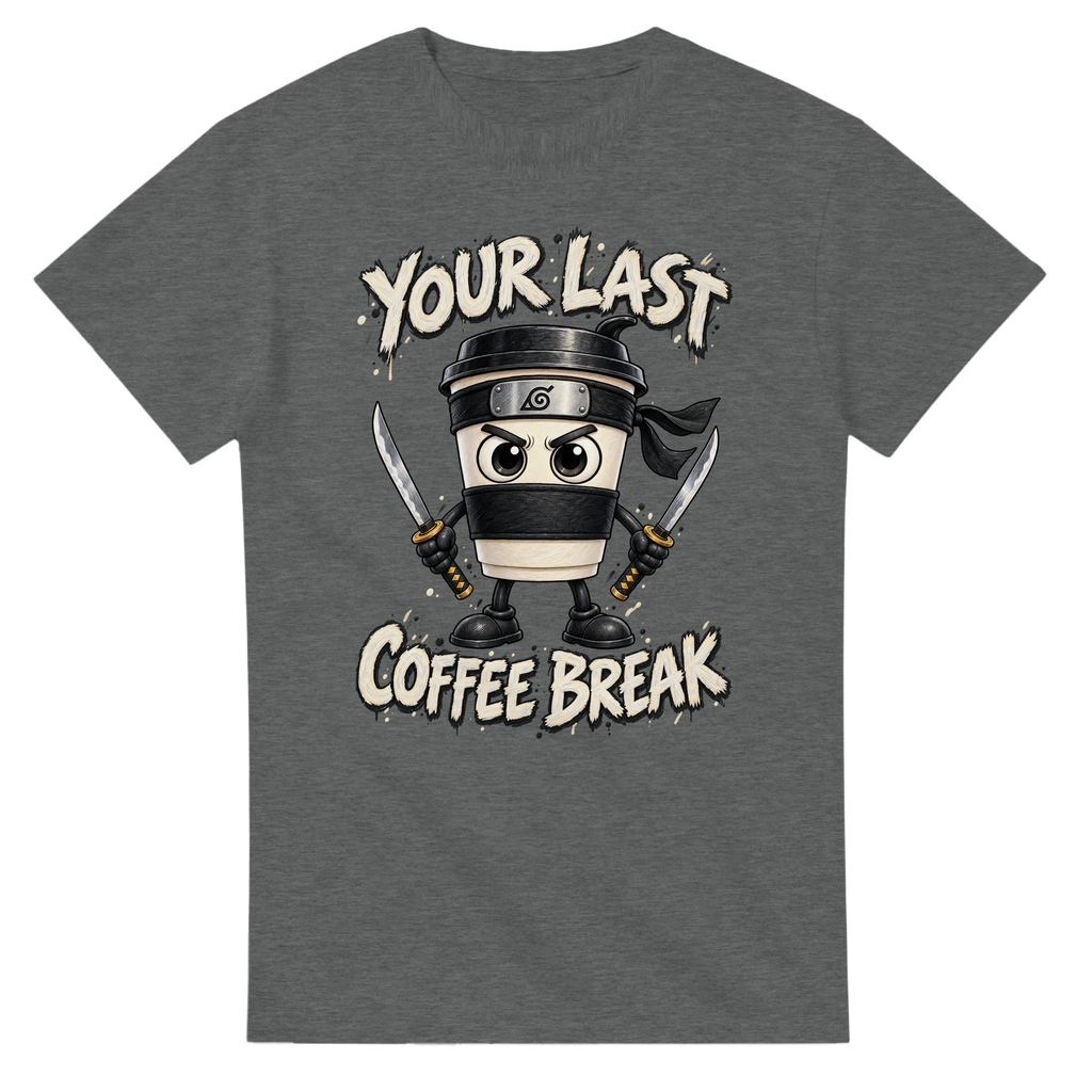 Graphite Heather t-shirt printed with Cappuccino Assassino and the words Your last coffee break, front view