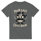 Graphite Heather t-shirt printed with Cappuccino Assassino and the words Your last coffee break, front view