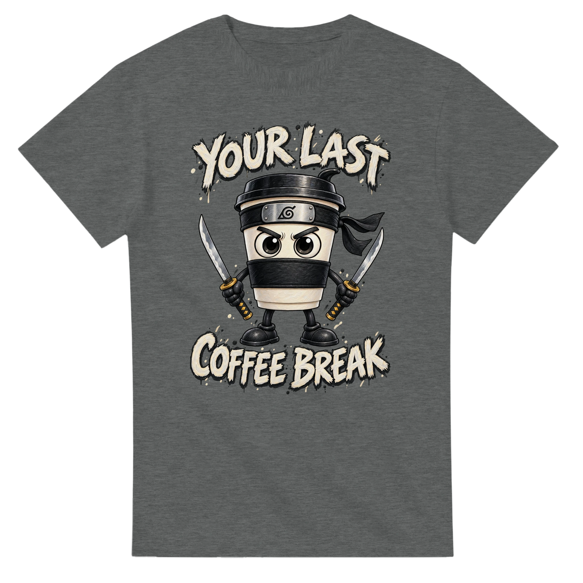 Graphite Heather t-shirt printed with Cappuccino Assassino and the words Your last coffee break, front view