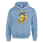 Bananita Dolphinita print on a light blue pullover hoodie, front view
