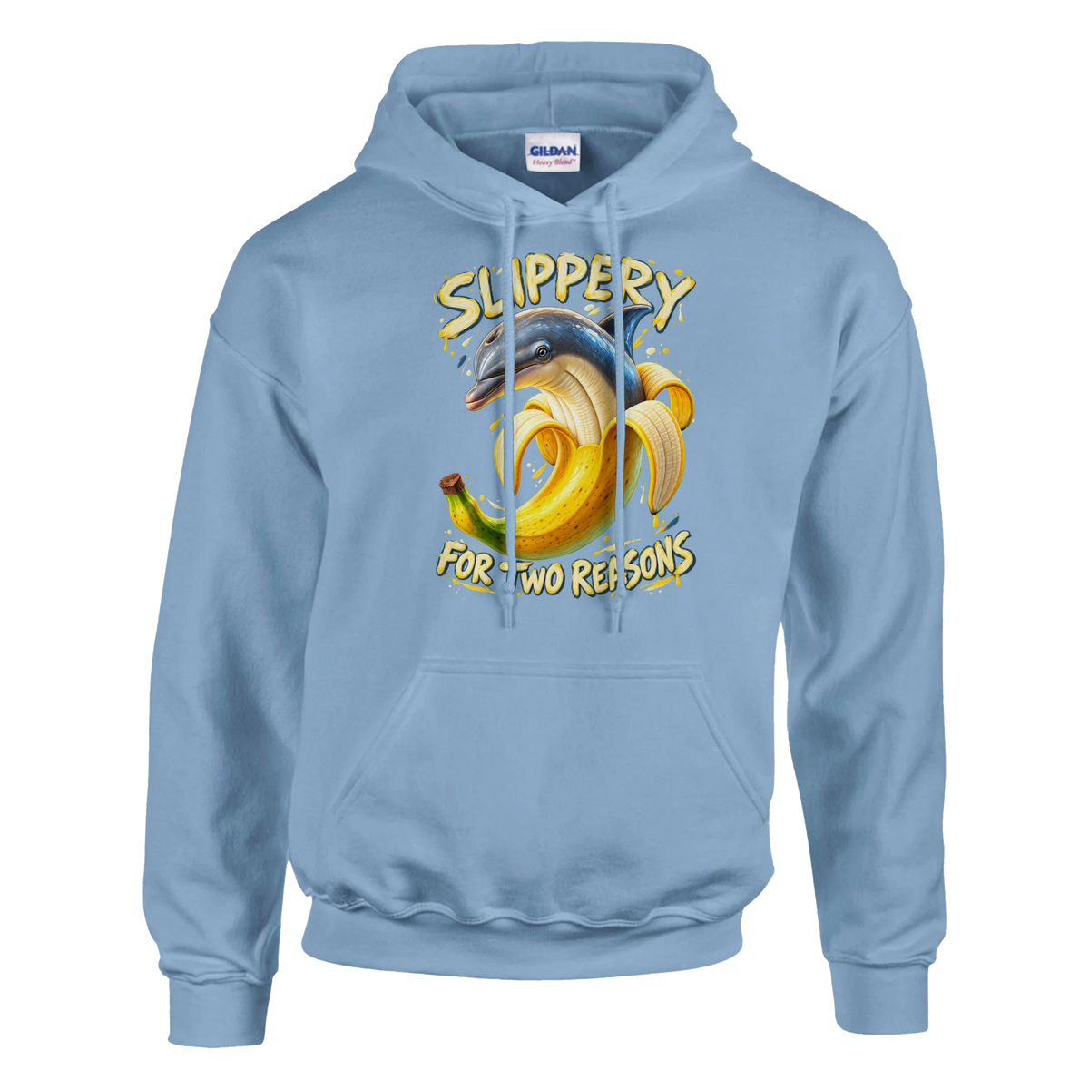 Bananita Dolphinita print on a light blue pullover hoodie, front view
