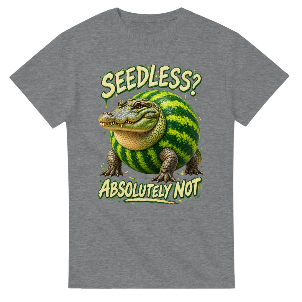 Sport Grey t-shirt printed with Glorbo Fruttodrillo and the words Seedless? Absolutely not, front view