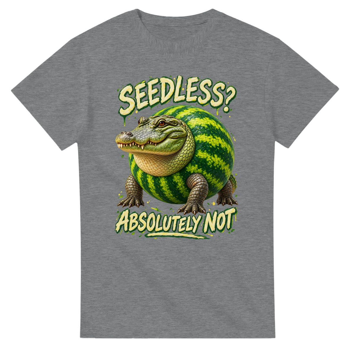 Sport Grey t-shirt printed with Glorbo Fruttodrillo and the words Seedless? Absolutely not, front view