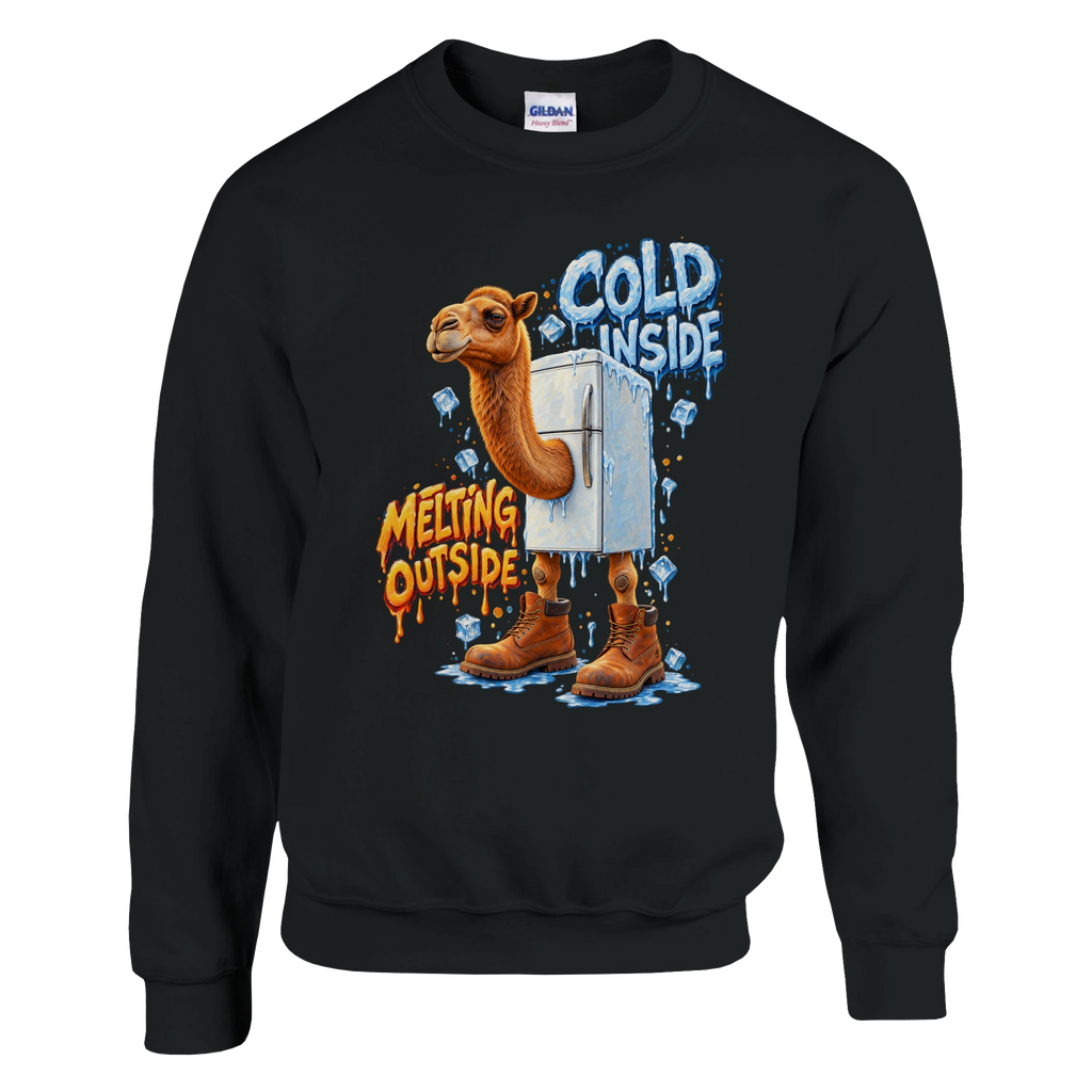 Frigo Camelo print on a black crewneck sweatshirt, front view