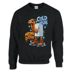 Frigo Camelo print on a black crewneck sweatshirt, front view