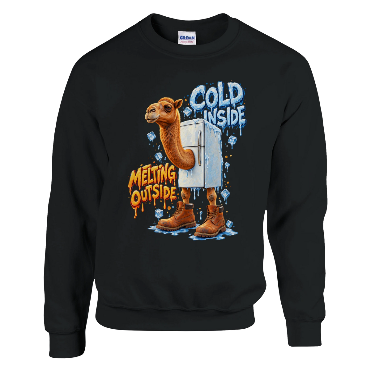 Frigo Camelo print on a black crewneck sweatshirt, front view