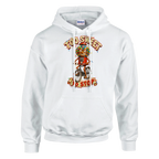 Chicleteira Bicicleteira print on a white pullover hoodie, front view