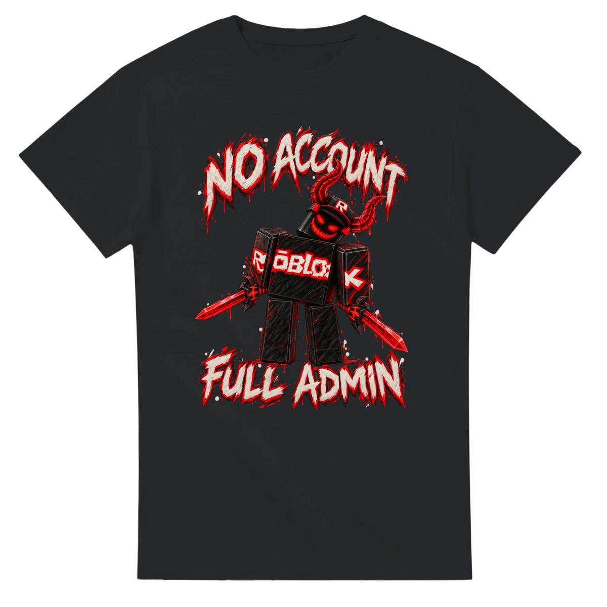Black t-shirt printed with Guest 666 and the words No account, full admin, front view