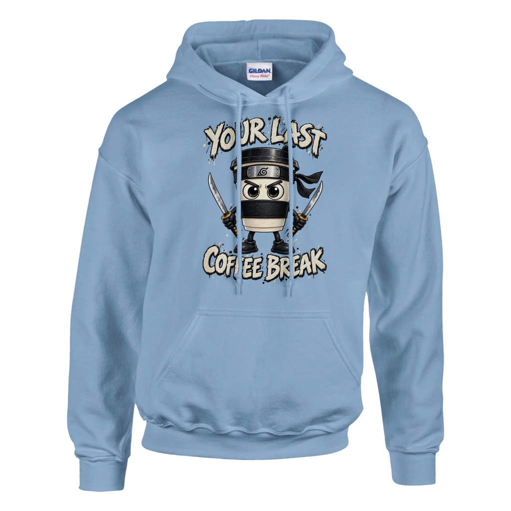 Cappuccino Assassino print on a light blue pullover hoodie, front view