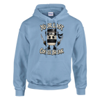 Cappuccino Assassino print on a light blue pullover hoodie, front view