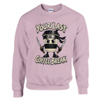 Cappuccino Assassino print on a light pink crewneck sweatshirt, front view