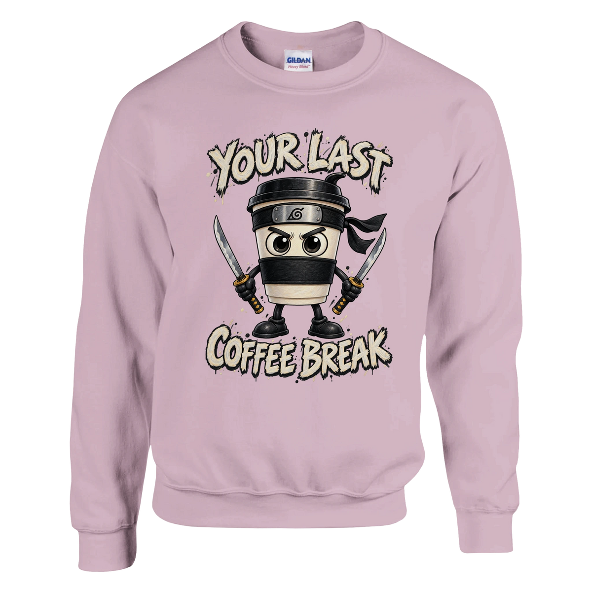 Cappuccino Assassino print on a light pink crewneck sweatshirt, front view