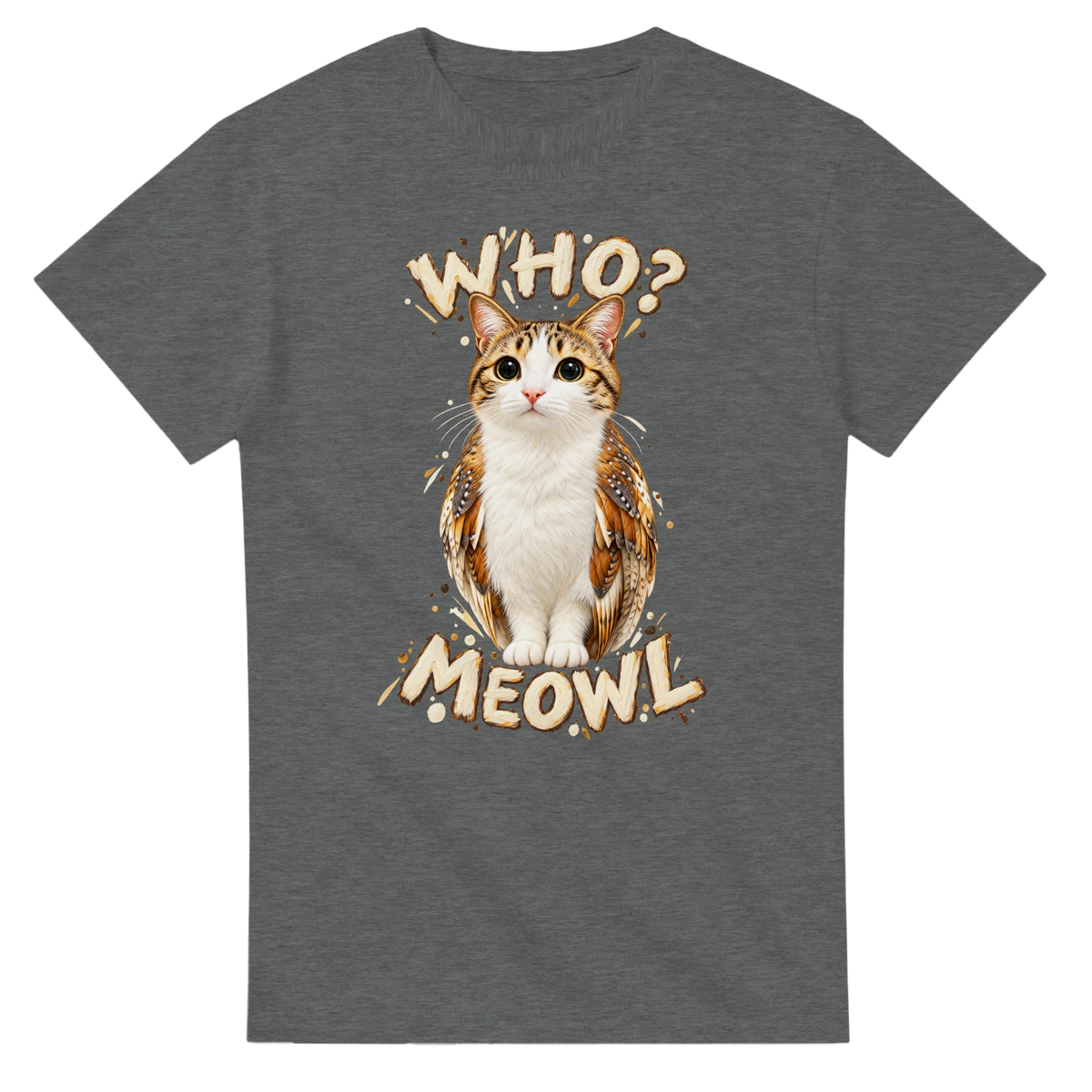 Graphite Heather t-shirt printed with Meowl and the words Who? Meowl, front view
